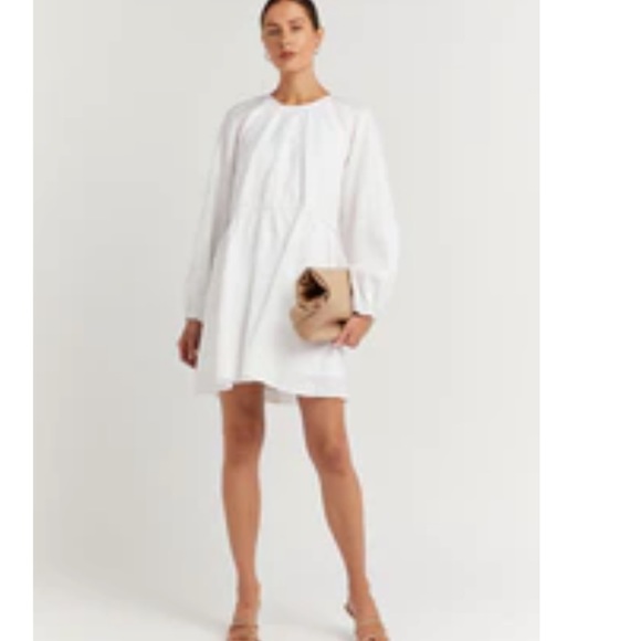 knee length dresses for ladies Short Sleeve Button Front Smock Dress - Round Neck, Summer - Pure White